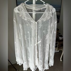 Newport News Sheer Lace Button Front Top – Size M